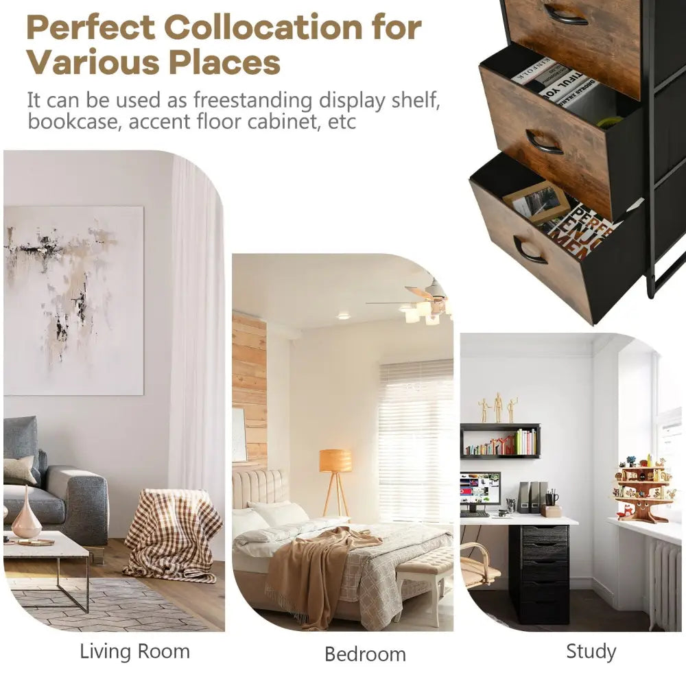 Freestanding Vertical 3 Drawer Dresser with 3 Shelves-Rustic Brown - Rustic Brown - Bookcases