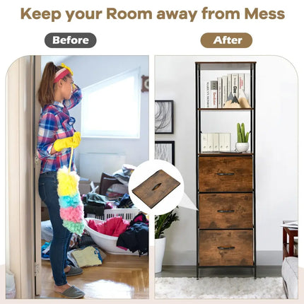 Freestanding Vertical 3 Drawer Dresser with 3 Shelves-Rustic Brown - Rustic Brown - Bookcases