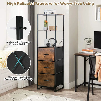 Freestanding Vertical 3 Drawer Dresser with 3 Shelves-Rustic Brown - Rustic Brown - Bookcases