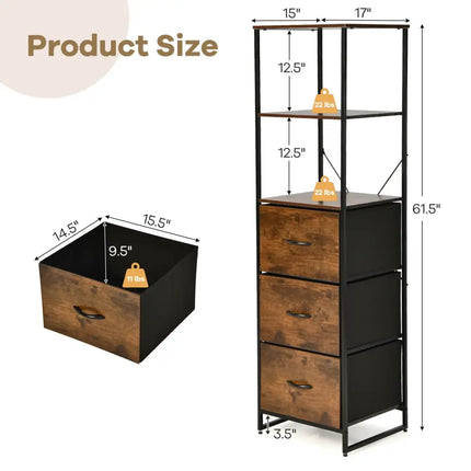 Freestanding Vertical 3 Drawer Dresser with 3 Shelves-Rustic Brown - Rustic Brown - Bookcases