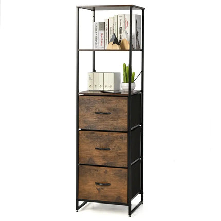 Freestanding Vertical 3 Drawer Dresser with 3 Shelves-Rustic Brown - Rustic Brown - Bookcases