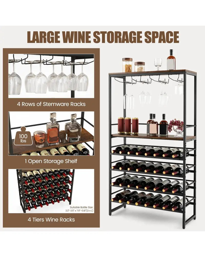 Freestanding Wine Bakers Rack with 4-Tier Wine Storage and 4 Rows of Stemware Racks - Brown - Wine Racks