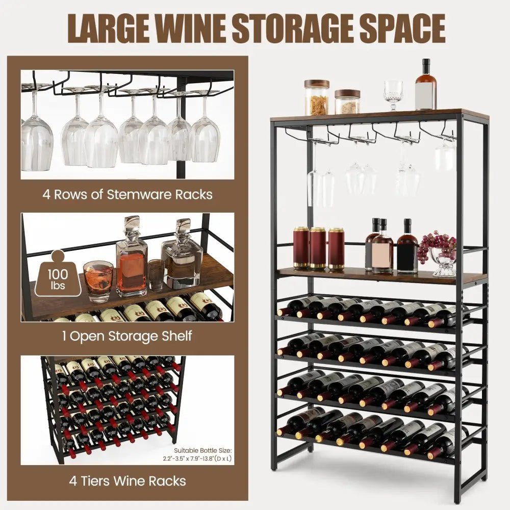 Freestanding Wine Bakers Rack with 4-Tier Wine Storage and 4 Rows of Stemware Racks - Brown - Wine Racks