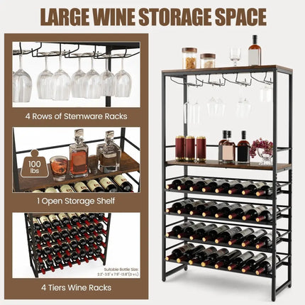 Freestanding Wine Bakers Rack with 4 - Tier Wine Storage and 4 Rows of Stemware Racks - Oasis Home Essentials