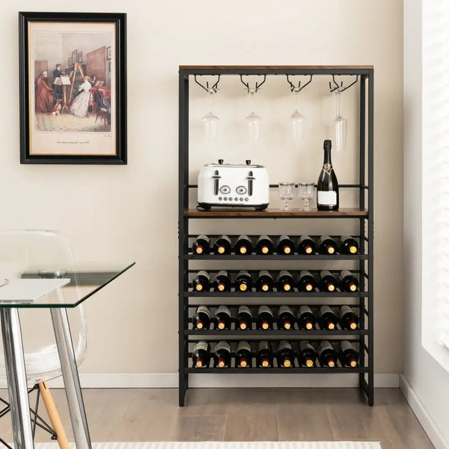 Freestanding Wine Bakers Rack with 4 - Tier Wine Storage and 4 Rows of Stemware Racks - Oasis Home Essentials