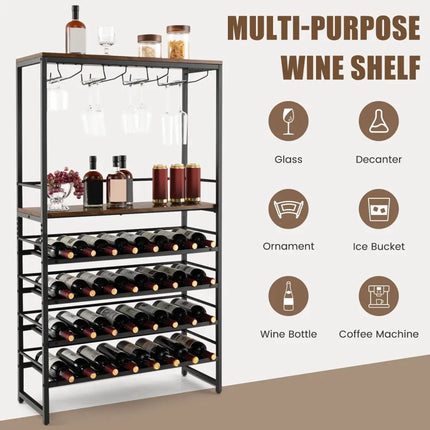 Freestanding Wine Bakers Rack with 4 - Tier Wine Storage and 4 Rows of Stemware Racks - Oasis Home Essentials