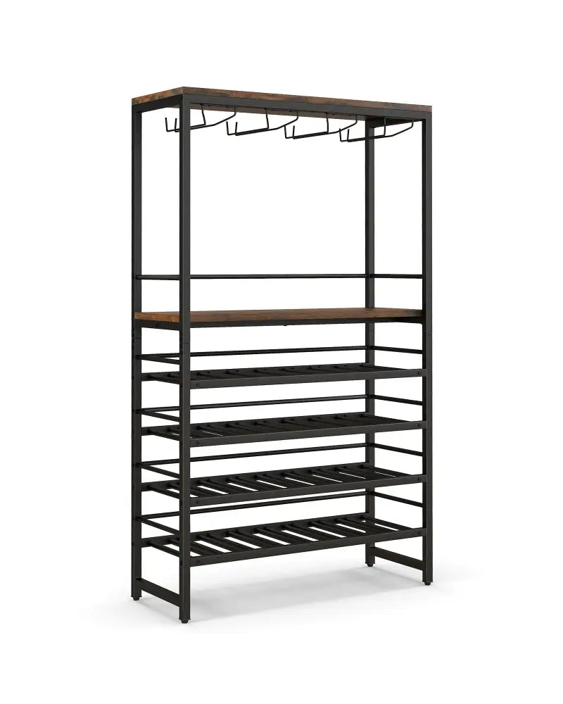 Freestanding Wine Bakers Rack with 4-Tier Wine Storage and 4 Rows of Stemware Racks - Brown - Wine Racks