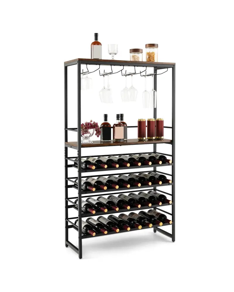 Freestanding Wine Bakers Rack with 4-Tier Wine Storage and 4 Rows of Stemware Racks - Brown - Wine Racks