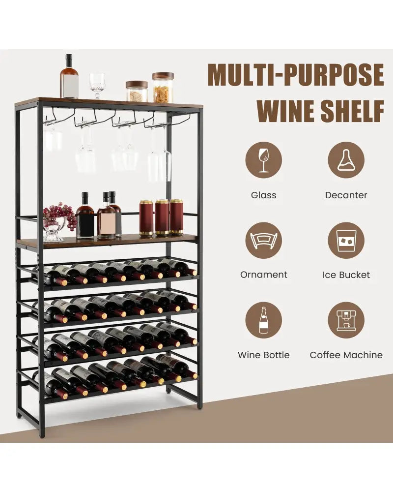 Freestanding Wine Bakers Rack with 4-Tier Wine Storage and 4 Rows of Stemware Racks - Brown - Wine Racks