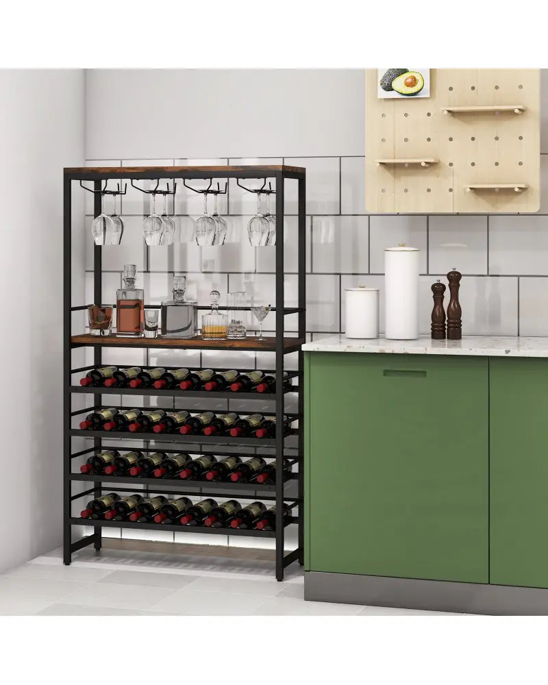 Freestanding Wine Bakers Rack with 4-Tier Wine Storage and 4 Rows of Stemware Racks - Brown - Wine Racks