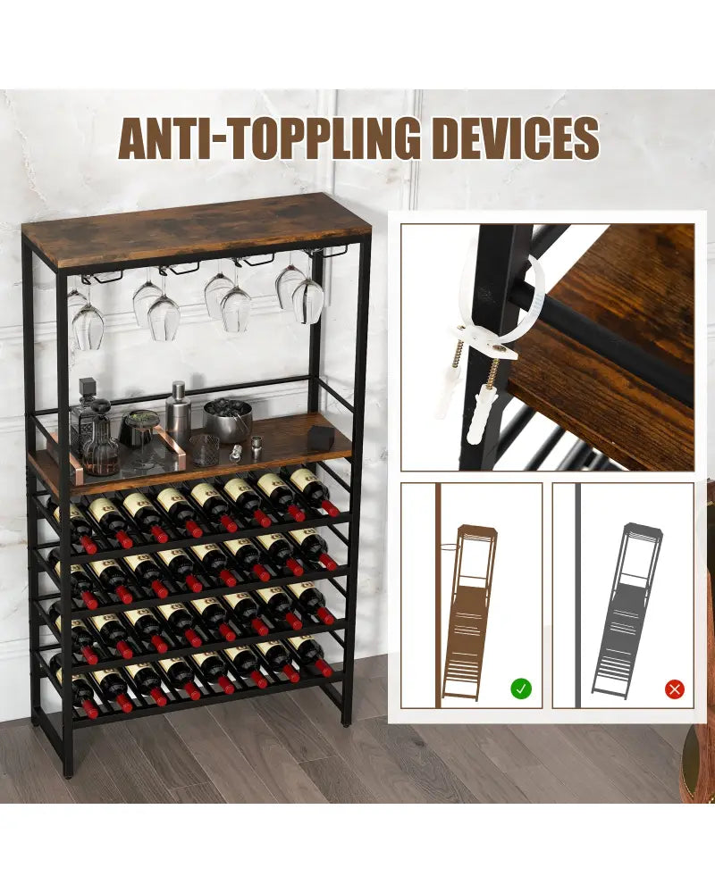 Freestanding Wine Bakers Rack with 4-Tier Wine Storage and 4 Rows of Stemware Racks - Brown - Wine Racks