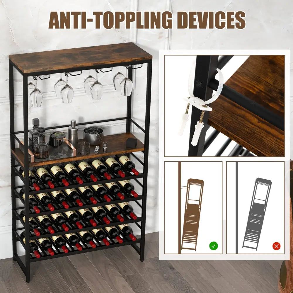 Freestanding Wine Bakers Rack with 4-Tier Wine Storage and 4 Rows of Stemware Racks - Brown - Wine Racks