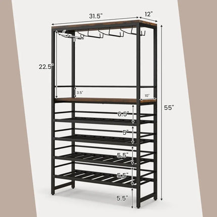 Freestanding Wine Bakers Rack with 4 - Tier Wine Storage and 4 Rows of Stemware Racks - Oasis Home Essentials