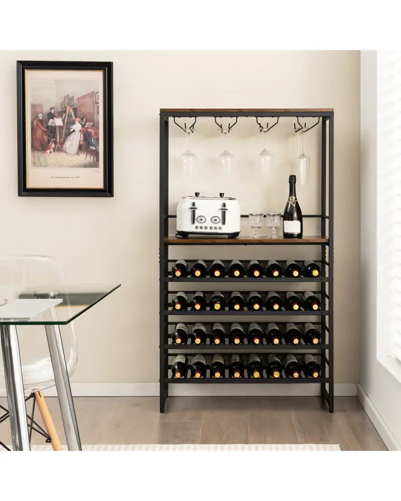 Freestanding Wine Bakers Rack with 4-Tier Wine Storage and 4 Rows of Stemware Racks - Brown - Wine Racks
