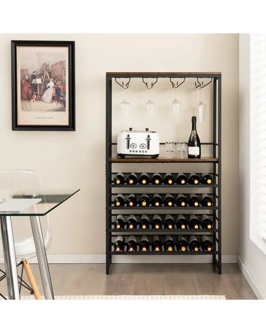 Freestanding Wine Bakers Rack with 4-Tier Wine Storage and 4 Rows of Stemware Racks - Brown - Wine Racks