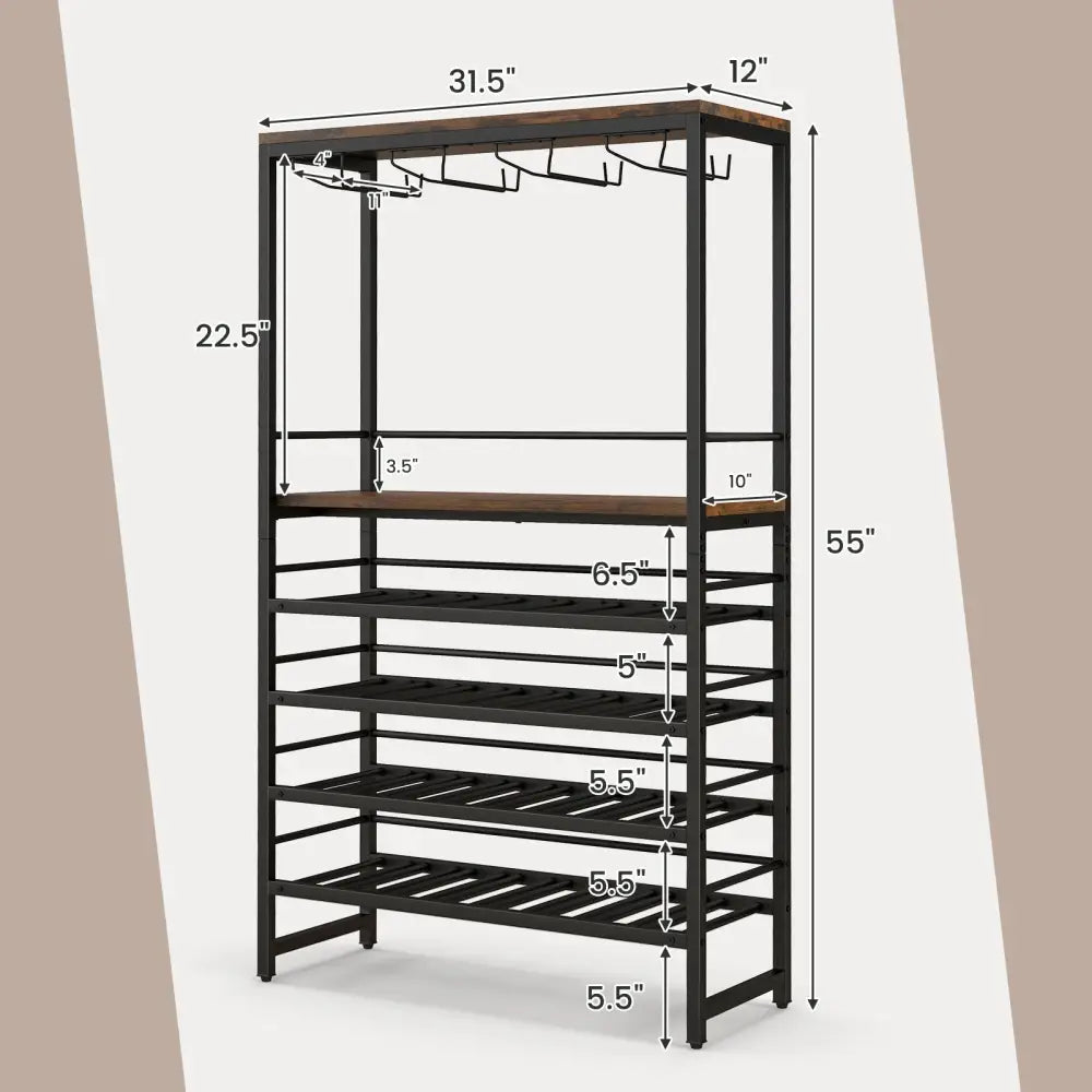 Freestanding Wine Bakers Rack with 4-Tier Wine Storage and 4 Rows of Stemware Racks - Brown - Wine Racks