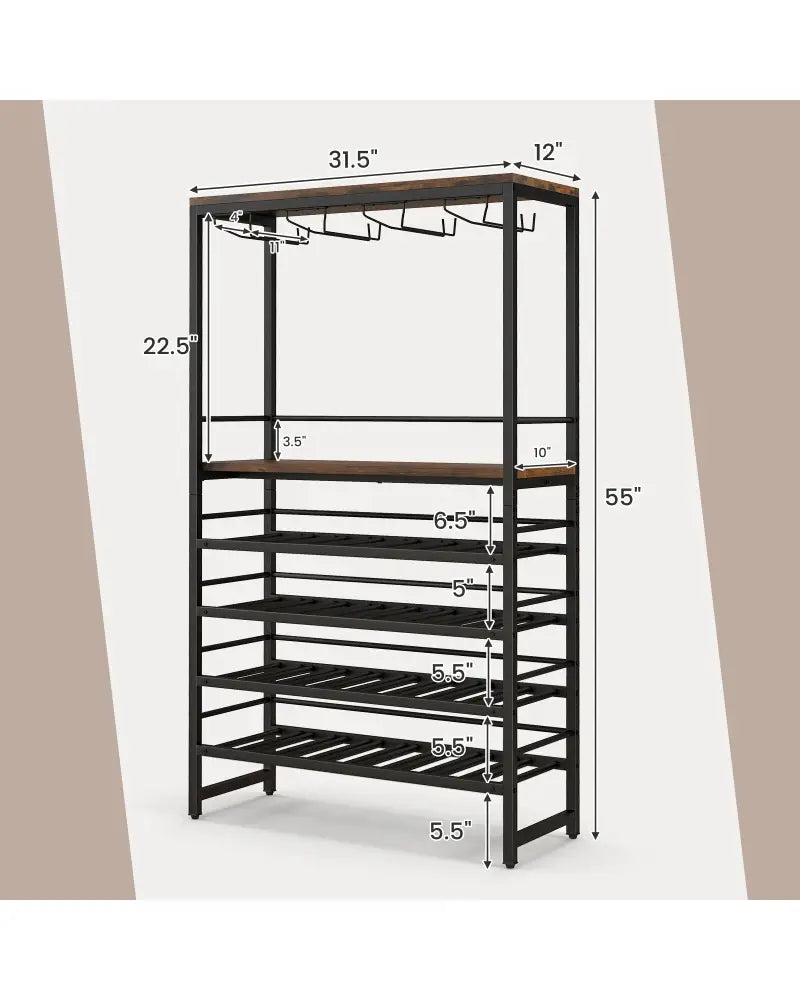 Freestanding Wine Bakers Rack with 4-Tier Wine Storage and 4 Rows of Stemware Racks - Brown - Wine Racks