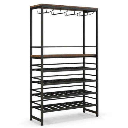 Freestanding Wine Bakers Rack with 4 - Tier Wine Storage and 4 Rows of Stemware Racks - Oasis Home Essentials