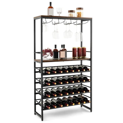 Freestanding Wine Bakers Rack with 4 - Tier Wine Storage and 4 Rows of Stemware Racks - Oasis Home Essentials