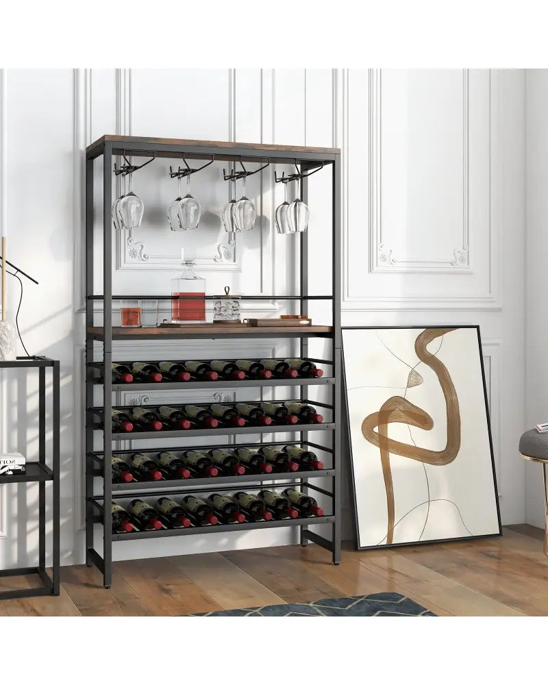 Freestanding Wine Bakers Rack with 4-Tier Wine Storage and 4 Rows of Stemware Racks - Brown - Wine Racks