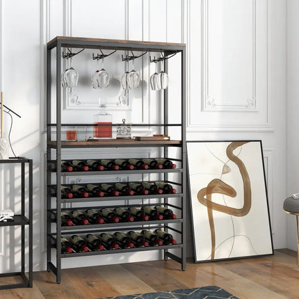 Freestanding Wine Bakers Rack with 4 - Tier Wine Storage and 4 Rows of Stemware Racks - Oasis Home Essentials