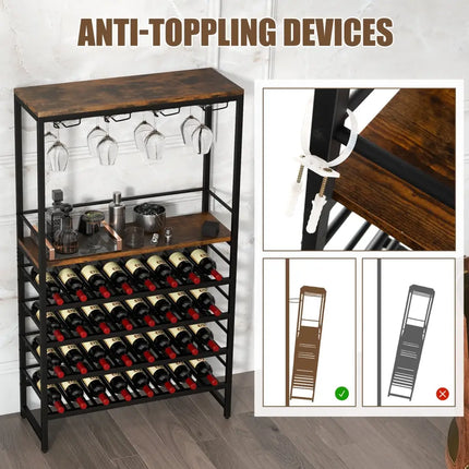 Freestanding Wine Bakers Rack with 4 - Tier Wine Storage and 4 Rows of Stemware Racks - Oasis Home Essentials