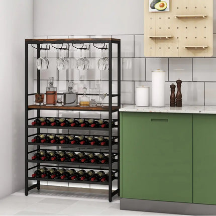 Freestanding Wine Bakers Rack with 4 - Tier Wine Storage and 4 Rows of Stemware Racks - Oasis Home Essentials