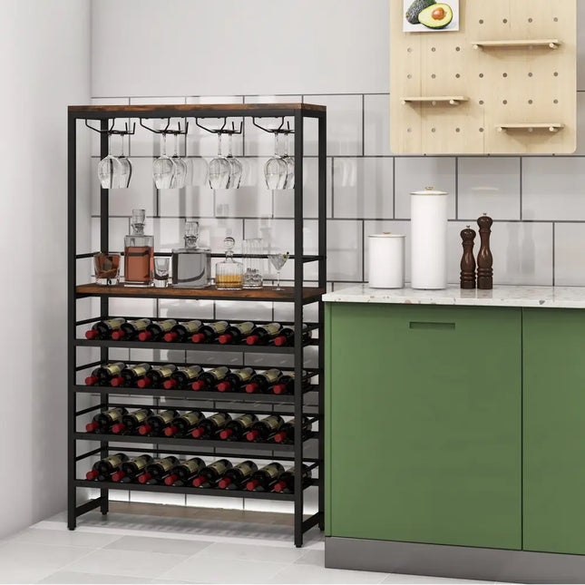 Freestanding Wine Bakers Rack with 4 - Tier Wine Storage and 4 Rows of Stemware Racks - Oasis Home Essentials