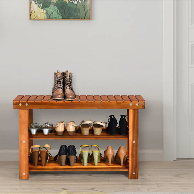Freestanding Wood Bench with 3-Tier Storage Shelves - Natural - Shoe Racks & Storage Benches