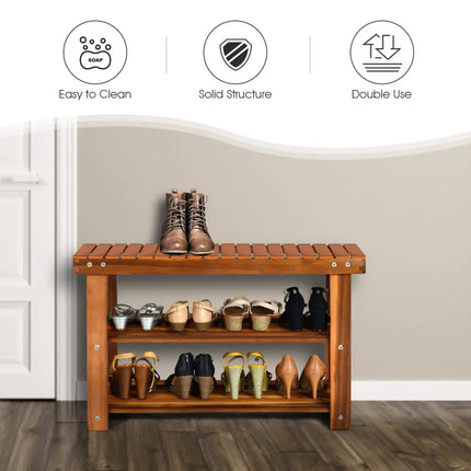 Freestanding Wood Bench with 3-Tier Storage Shelves - Natural - Shoe Racks & Storage Benches