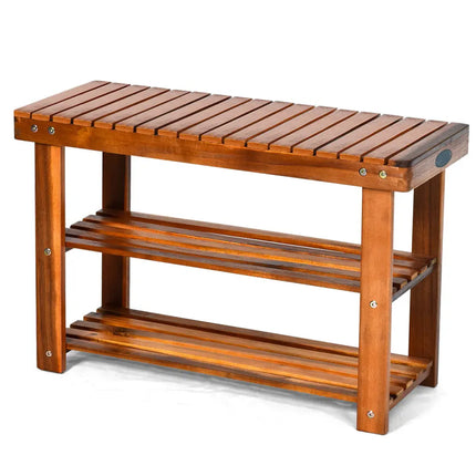 Freestanding Wood Bench with 3-Tier Storage Shelves - Natural - Shoe Racks & Storage Benches