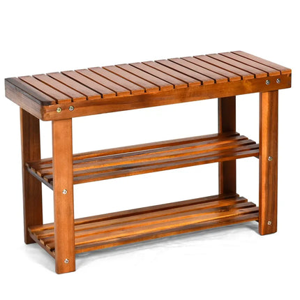 Freestanding Wood Bench with 3-Tier Storage Shelves - Natural - Shoe Racks & Storage Benches