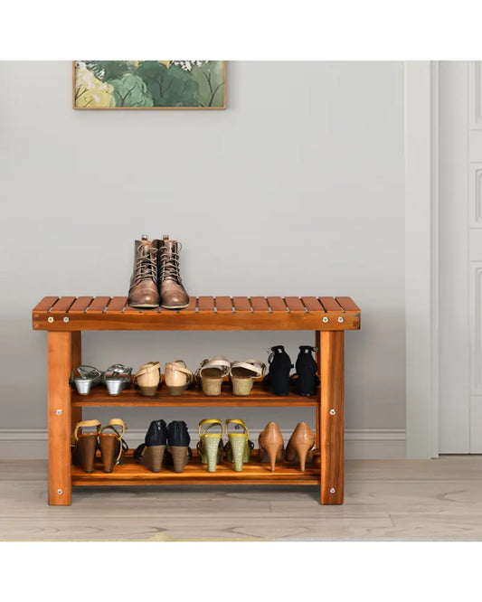 Freestanding Wood Bench with 3-Tier Storage Shelves - Natural - Shoe Racks & Storage Benches