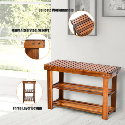 Freestanding Wood Bench with 3-Tier Storage Shelves - Natural - Shoe Racks & Storage Benches
