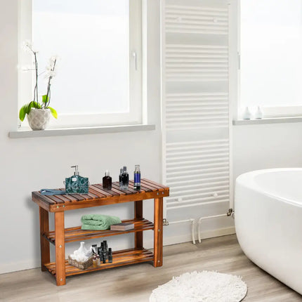 Freestanding Wood Bench with 3-Tier Storage Shelves - Natural - Shoe Racks & Storage Benches
