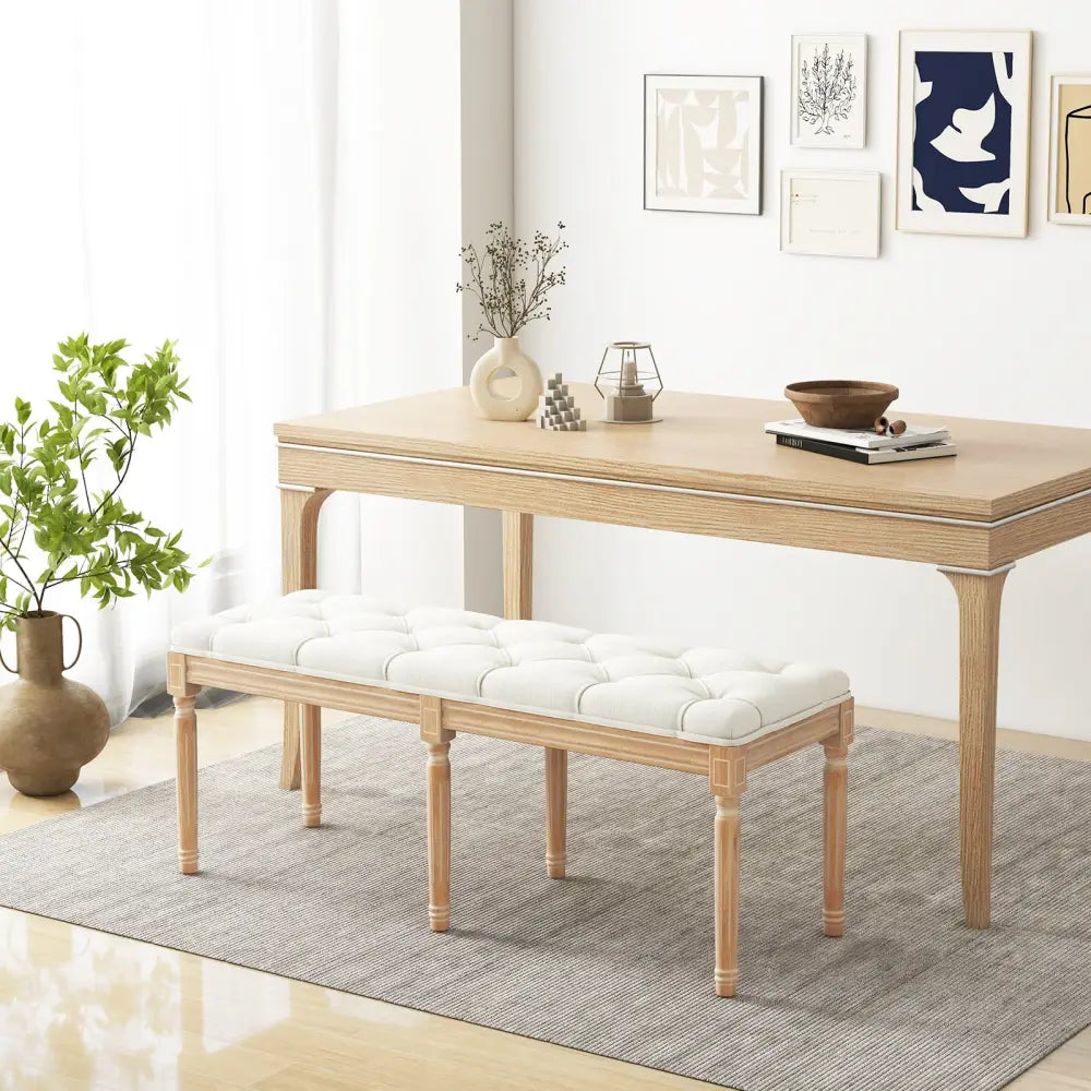 French Vintage Entryway Bench 47 Inch Upholstered Dining Bench-Beige - Beige - Ottomans