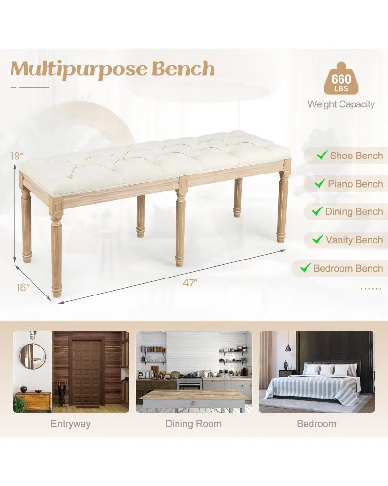 French Vintage Entryway Bench 47 Inch Upholstered Dining Bench-Beige - Beige - Ottomans