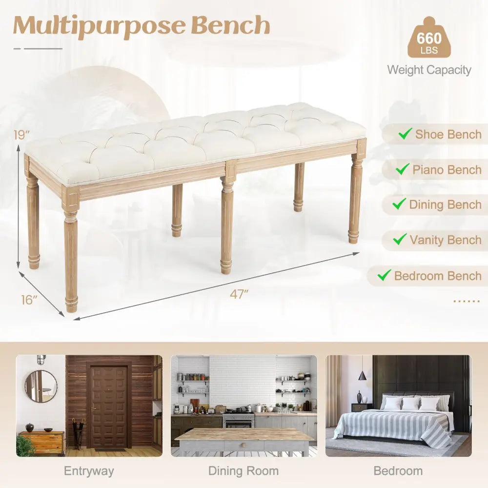 French Vintage Entryway Bench 47 Inch Upholstered Dining Bench-Beige - Beige - Ottomans