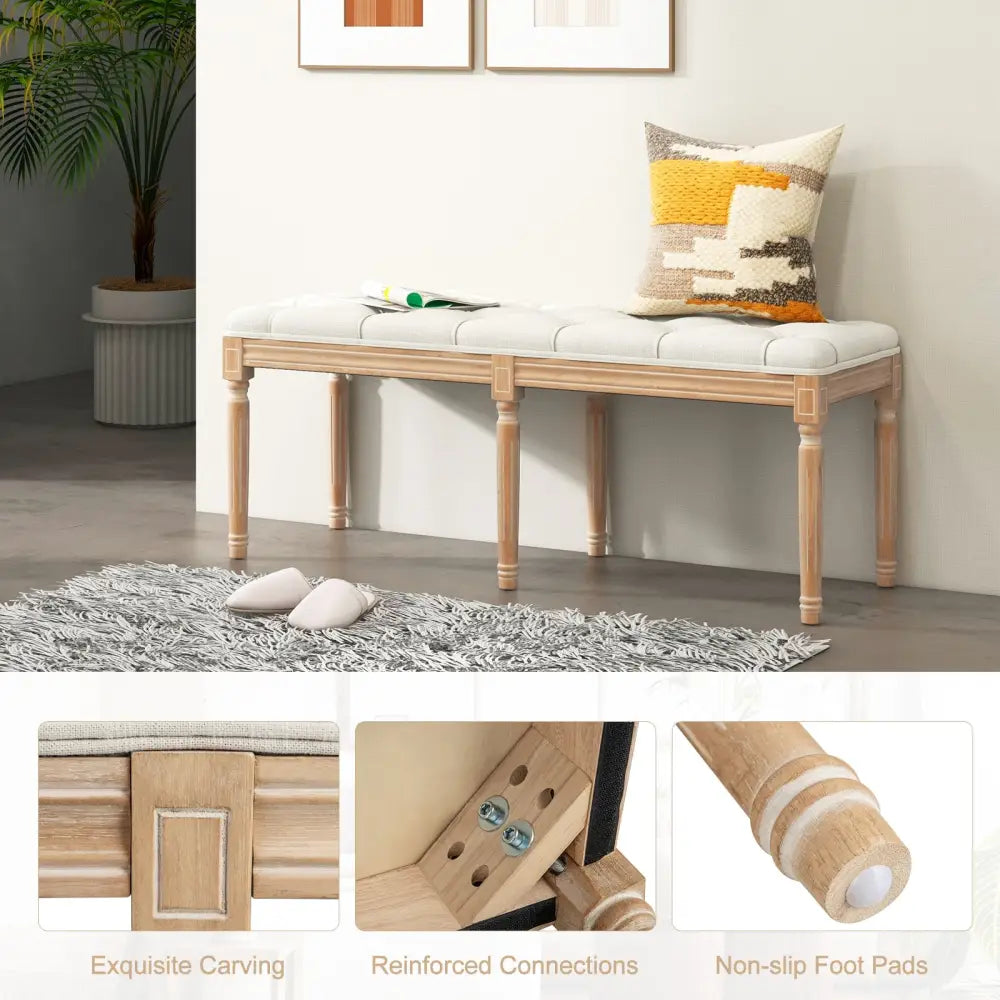 French Vintage Entryway Bench 47 Inch Upholstered Dining Bench-Beige - Beige - Ottomans