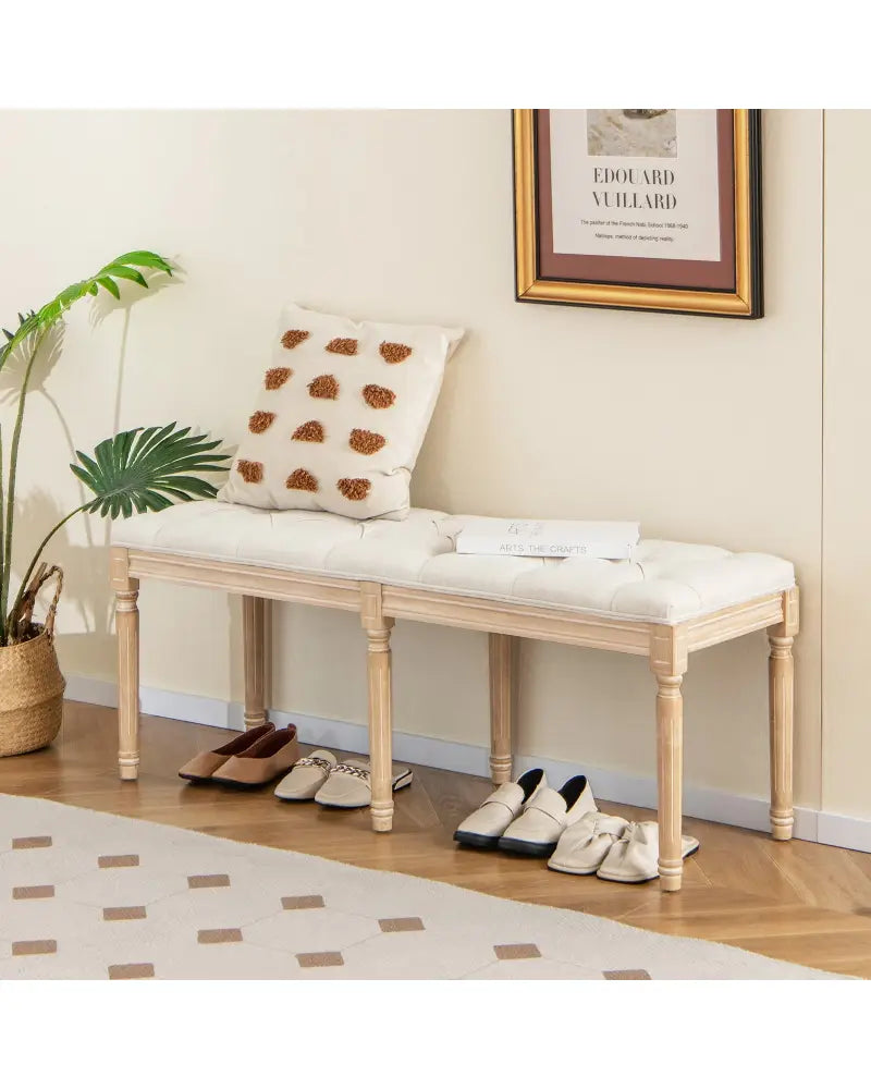French Vintage Entryway Bench 47 Inch Upholstered Dining Bench-Beige - Beige - Ottomans