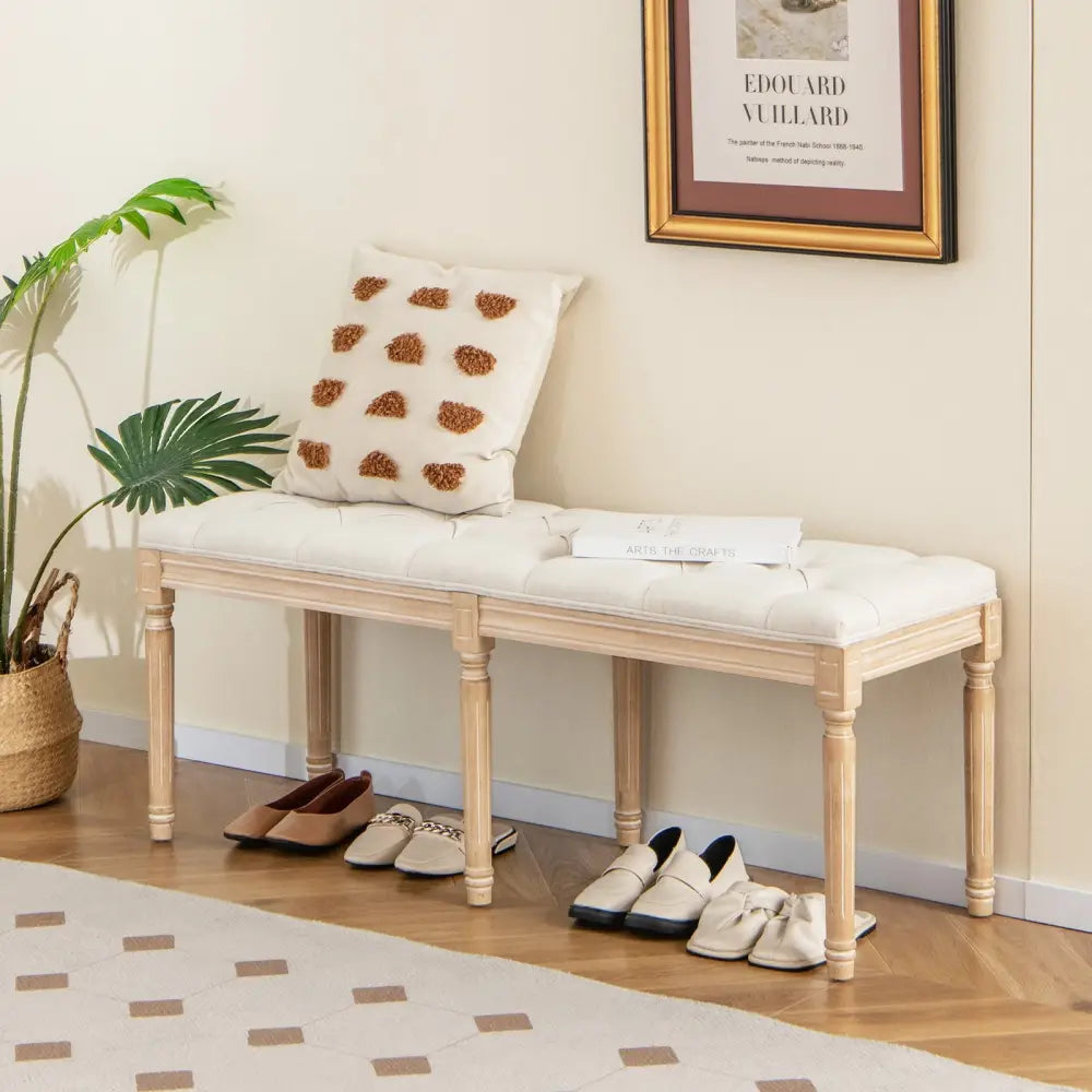 French Vintage Entryway Bench 47 Inch Upholstered Dining Bench-Beige - Beige - Ottomans