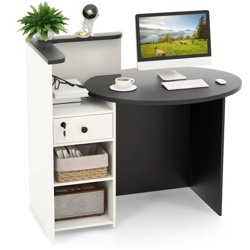 Front Reception Office Desk with Adjustable Shelf and Lockable Drawer-Black & White - Black & White - Corner Desks