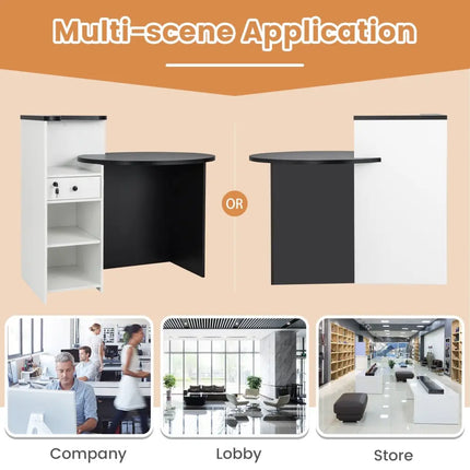 Front Reception Office Desk with Adjustable Shelf and Lockable Drawer-Black & White - Black & White - Corner Desks