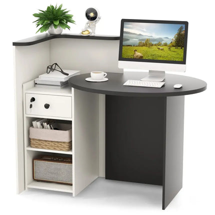 Front Reception Office Desk with Adjustable Shelf and Lockable Drawer-Black & White - Black & White - Corner Desks
