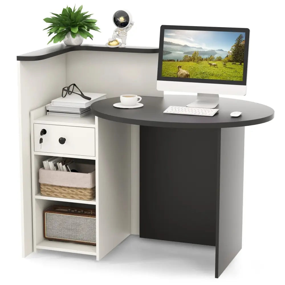 Front Reception Office Desk with Adjustable Shelf and Lockable Drawer-Black & White - Black & White - Corner Desks