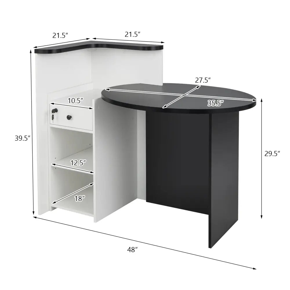 Front Reception Office Desk with Adjustable Shelf and Lockable Drawer-Black & White - Black & White - Corner Desks