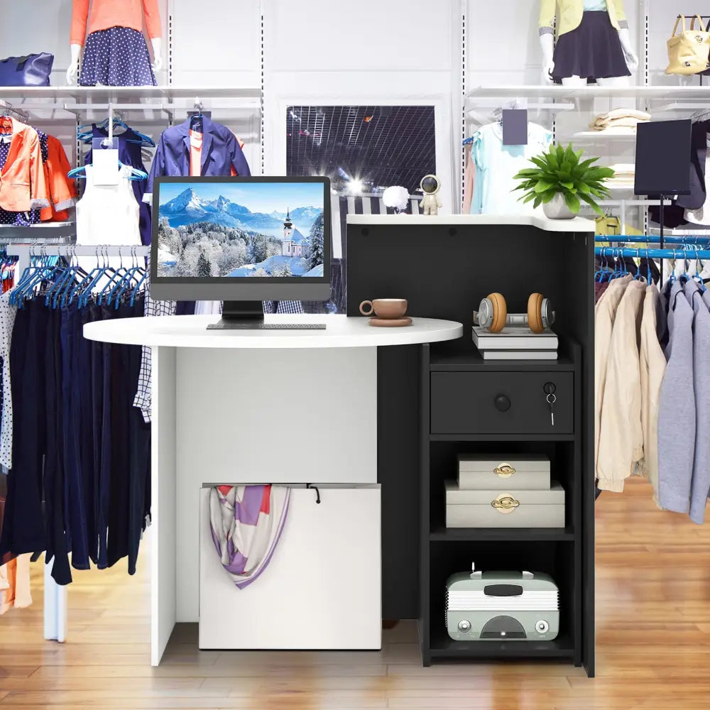 Front Reception Office Desk with Open Shelf and Drawer-Black & White - Black & White - Computer Desks