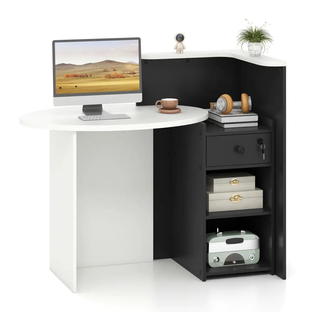 Front Reception Office Desk with Open Shelf and Drawer-Black & White - Black & White - Computer Desks