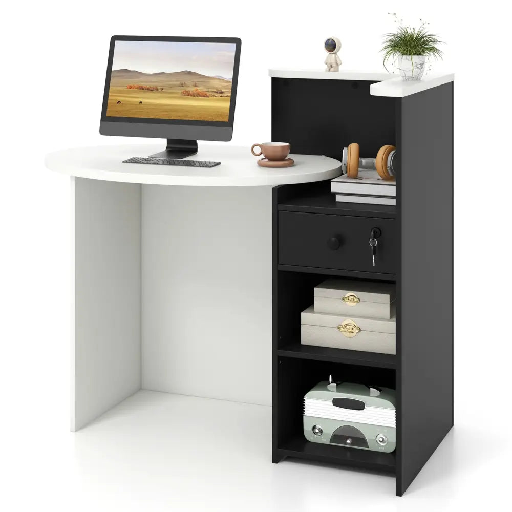 Front Reception Office Desk with Open Shelf and Drawer-Black & White - Black & White - Computer Desks
