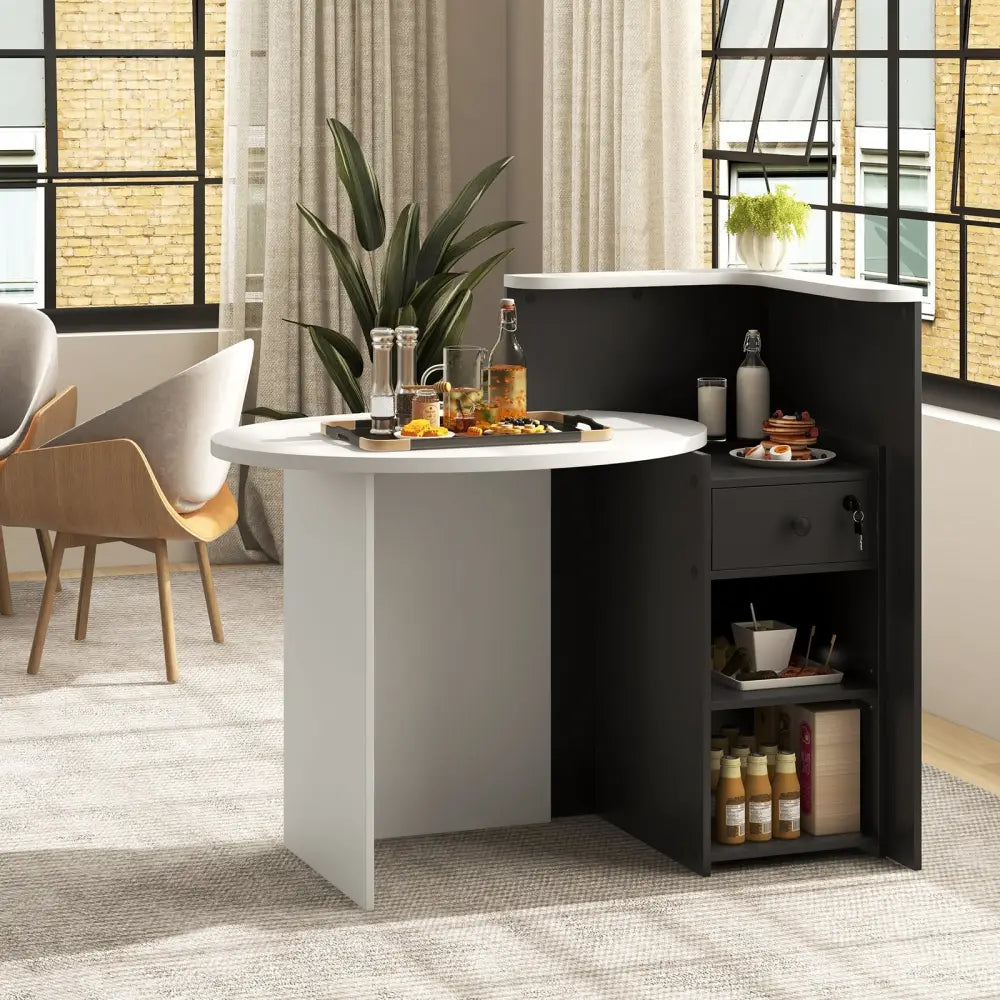 Front Reception Office Desk with Open Shelf and Drawer-Black & White - Black & White - Computer Desks